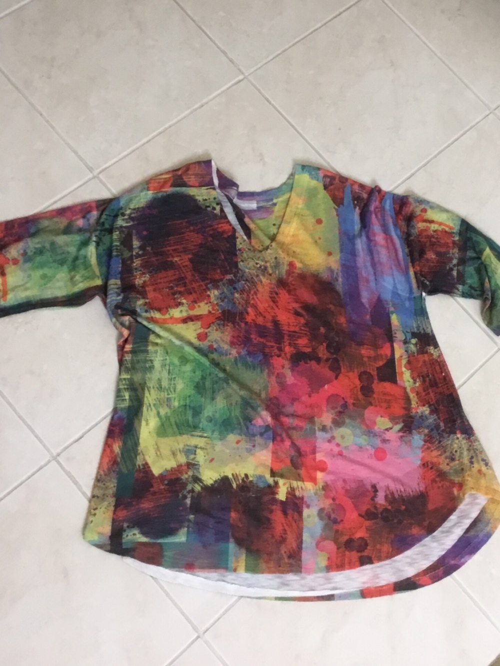 Plei De Couleurs Mulitcolor Abstract print 3/4 Sleeve V-Neck Top sz XL